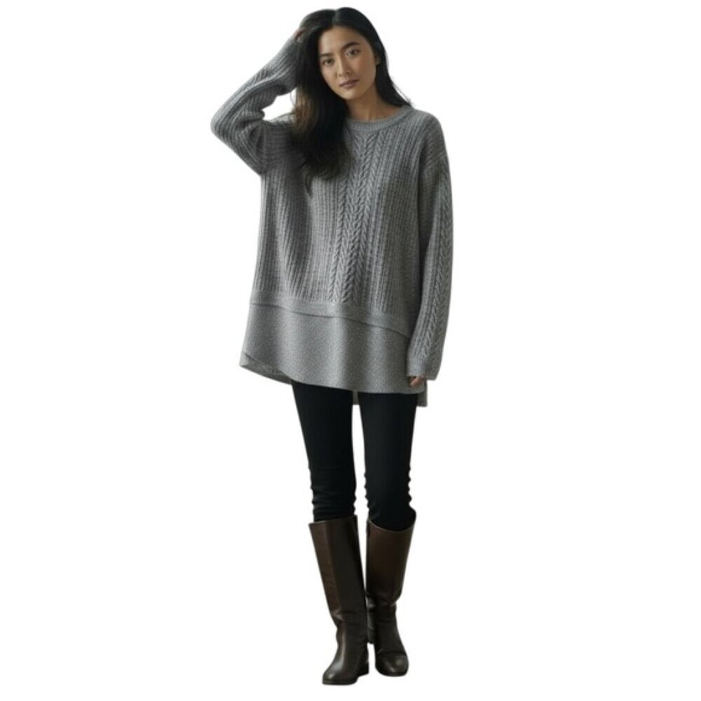 TAHARI NEW Cable Knit Oversized Mohair Wool Spandex Long Sweater Stretch Cozy L
